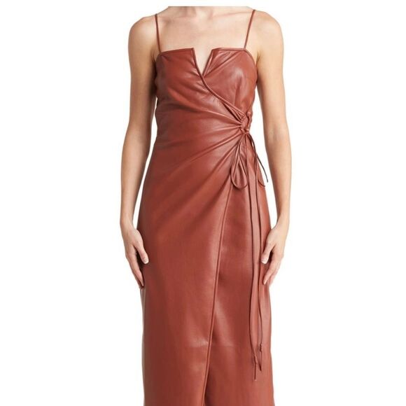 - Nanushka Anubi Asymmetrical Side-Tie Vegan Leather Brick Midi Dress, L - Picture 2 of 12